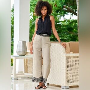 Boston Proper Womens Linen Pants Size XL Cropped Beige Flax Black Embroidered‎